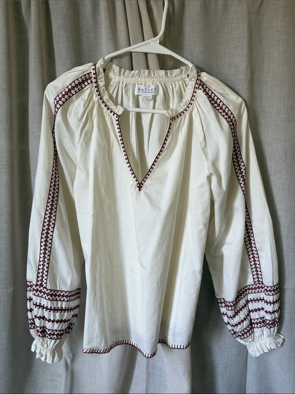 Velvet Cream Peasant Blouse with Burgundy Embroidery